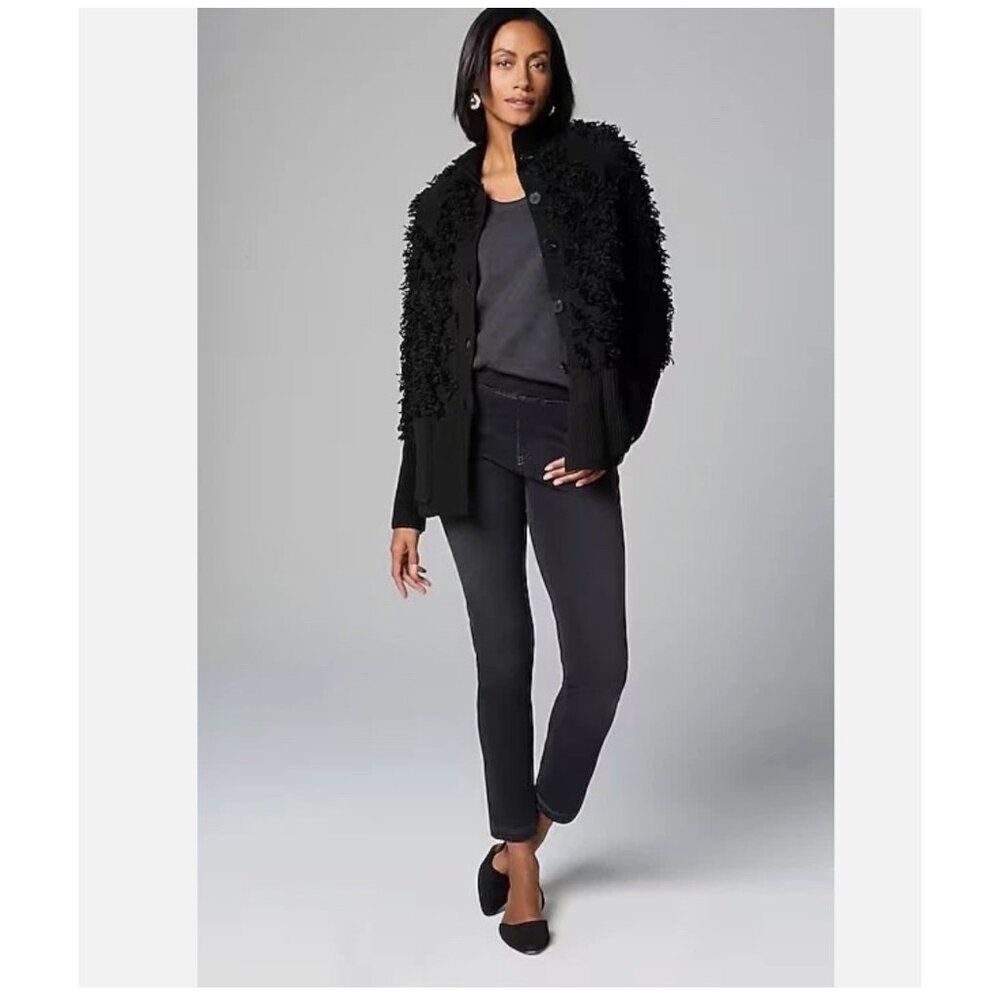 Pure J.Jill Womens Cardigan Sweater Medium Black Textured Fringe Long Sleeve